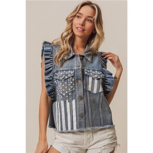 BiBi American Flag Washed Denim Jacket - Picture 3 of 10